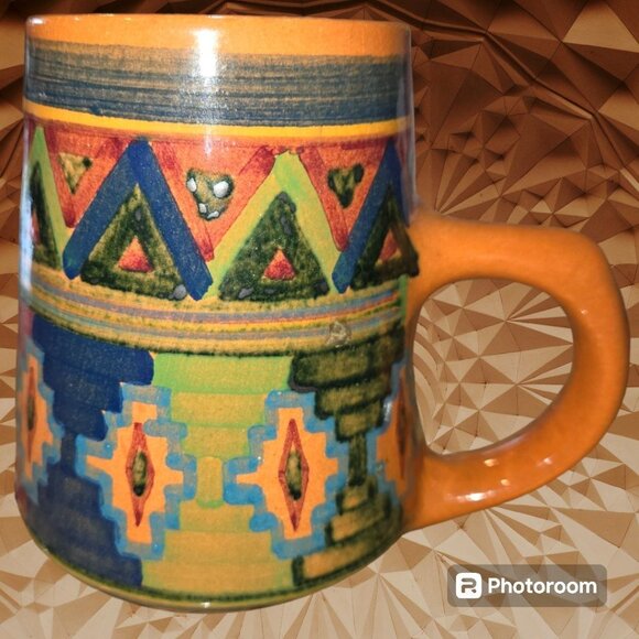 Art Pottery Mug Hand Made Painted Aztec Design Signed 18oz Preowned EUC - Picture 3 of 6